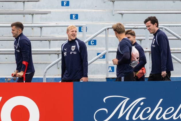 FOOTBALL - FIFA World Cup, WM, Weltmeisterschaft, Fussball 2026, preview SANTA BARBARA,CALIFORNIA,USA,19.JUN.26 - FOOTBALL - FIFA World Cup 2026, USA, Mexico, Canada, preview, Oesterreichischer Fussball-Bund, training team AUT. Image shows Christoph Baumgartner, Xaver Schlager, Patrick Pentz, Romano Schmid and Michael Gregoritsch (AUT).  GEPAxpictures xArminxRauthner