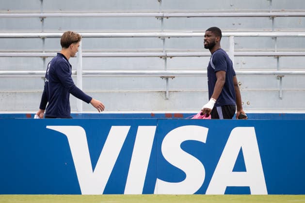 FOOTBALL - FIFA World Cup, WM, Weltmeisterschaft, Fussball 2026, preview SANTA BARBARA,CALIFORNIA,USA,19.JUN.26 - FOOTBALL - FIFA World Cup 2026, USA, Mexico, Canada, preview, Oesterreichischer Fussball-Bund, training team AUT. Image shows David Affengruber and Kevin Danso (AUT).  GEPAxpictures xArminxRauthner