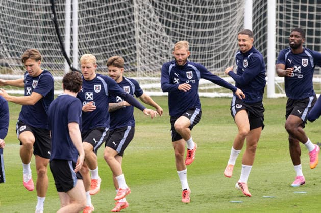 FOOTBALL - FIFA World Cup, WM, Weltmeisterschaft, Fussball 2026, preview SANTA BARBARA,CALIFORNIA,USA,19.JUN.26 - FOOTBALL - FIFA World Cup 2026, USA, Mexico, Canada, preview, Oesterreichischer Fussball-Bund, training team AUT. Image shows David Affengruber, Xaver Schlager, Romano Schmid, Konrad Laimer, Marco Friedl and Kevin Danso (AUT).  GEPAxpictures xArminxRauthner