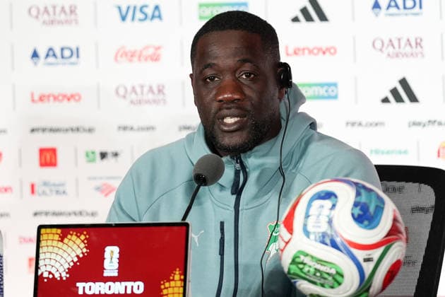 Head Coach of Ivory Coast Emerse Fae TORONTO, CANADA - JUNE 19 : Head Coach of Ivory Coast Emerse Fae, speaks during press conference, PK, Pressekonferenz one day ahead of their Group E match against Germany at the 2026 FIFA World Cup, WM, Weltmeisterschaft, Fussball in Toronto, Ontario, Canada on June 19, 2026. Mert Alper Dervis Anadolu Ontario Canada. Editorial use only. Please get in touch for any other usage.  Copyright: x2026xAnadoluxMertxAlperxDervisx