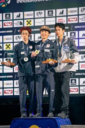19.06.2026: Klettern - Bouldern: World Climbing Series Innsbruck 2026 - Finale Herren Links Rei Kawamata (JPN), Mitte Sorato Anraku (JPN), Rechts Dohyun Lee (KOR) Innsbruck Kletterzentrum Innsbruck Österreich