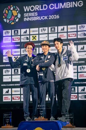 19.06.2026: Klettern - Bouldern: World Climbing Series Innsbruck 2026 - Finale Herren Links Rei Kawamata (JPN), Mitte Sorato Anraku (JPN), Rechts Dohyun Lee (KOR) Innsbruck Kletterzentrum Innsbruck Österreich