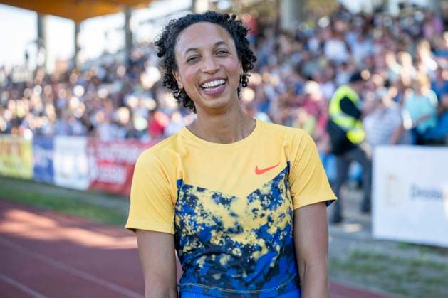 Anhalt 2026 - 28.Int.Leichtathletik Meeting Dessau, Deutschland 19.Juni 2026: Im Bild:Mihambo Malaika (LG Kurpfalz) lachend, laechelnd, gut gelaunt, grinst, grinsend, Dessau Paul Greifzu Stadion Sachsen Anhalt Deutschland