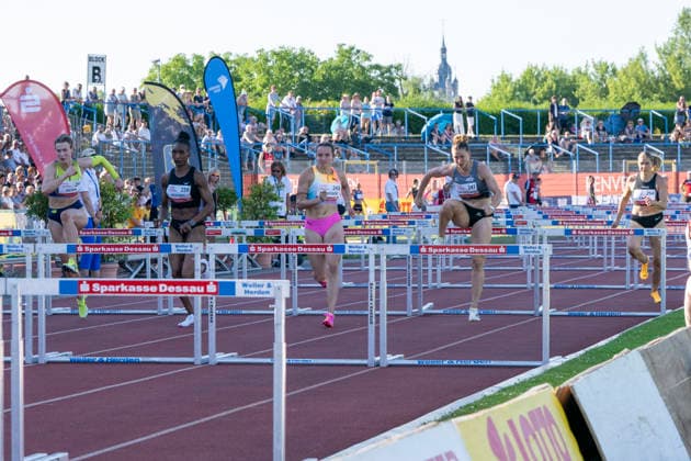 Anhalt 2026 - 28.Int.Leichtathletik Meeting Dessau, Deutschland 19.Juni 2026: Im Bild:100m Huerden, v.li.Marlene Meier (TSV Bayer 04 Leverkusen), Hughes Amber (USA) , Schneider Rosina (TV Sulz), von Jackowski Selina (SUI) und Empl Lilly (SC DHfK Leipzig) Dessau Paul Greifzu Stadion Sachsen Anhalt Deutschland