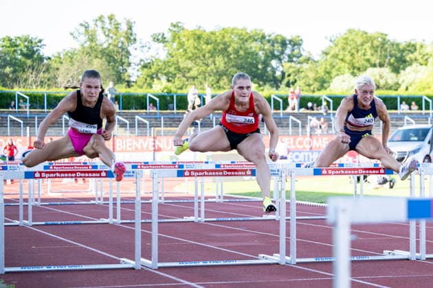 Anhalt 2026 - 28.Int.Leichtathletik Meeting Dessau, Deutschland 19.Juni 2026: Im Bild:v.li.Millend Anna Maria (EST), Schuster Franziska (TSV Bayer 04 Leverkusen) und Lavin Sarah (IRL) Dessau Paul Greifzu Stadion Sachsen Anhalt Deutschland