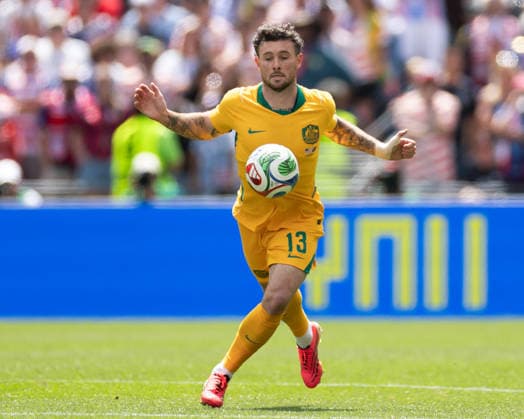 SEATTLE, WASHINGTON - JUNE 19: Aiden O Neill of Australia in possession during the FIFA World Cup, WM, Weltmeisterschaft, Fussball 2026 Group D match between USA and Australia at Seattle Stadium on June 19, 2026 in Seattle, Washington.  Copyright: xMBxMediax