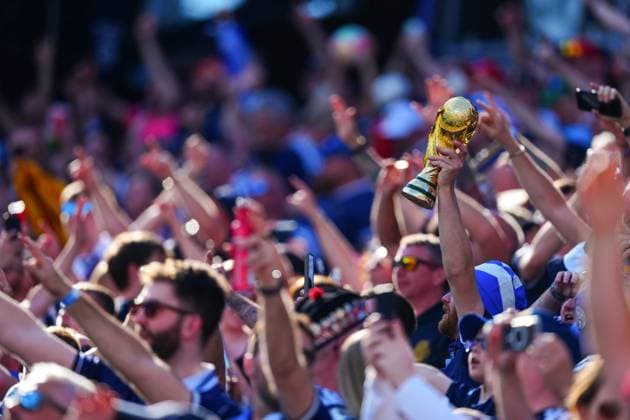 Scotlanf fans with a replica World Cup trophy ahead of kick-off Scotland v Morocco, 2026 FIFA World Cup, WM, Weltmeisterschaft, Fussball Group C, Football, Boston Stadium, Foxborough, Massachusetts, USA - 19 Jun 2026Foxborough Boston Stadium Massachusetts (MA) United States of America EDITORIAL USE ONLY No use with unauthorised audio, video, data, fixture lists, club league logos or live services. Online in-match use limited to 120 images, no video emulation. No use in betting, games or single club league player publications.  Copyright: xJavierxGarcia Shutterstockx 16928932u