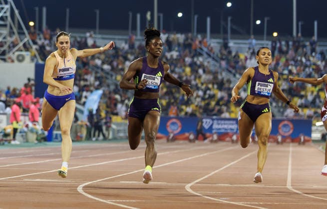 Diamond League Athletics in Doha DOHA, QATAR - JUNE 19: Jamaican athlete Kemba Nelson (C) competes in the women s 100-meter dash final during the Diamond League athletics meeting at the Suheim Bin Hamad Stadium in Doha, Qatar on June 19, 2026. Mohammed Dabbous Anadolu Doha Qatar. Editorial use only. Please get in touch for any other usage.  Copyright: x2026xAnadoluxMohammedxDabbousx