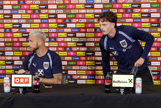 FOOTBALL - FIFA World Cup, WM, Weltmeisterschaft, Fussball 2026, preview SANTA BARBARA,CALIFORNIA,USA,19.JUN.26 - FOOTBALL - FIFA World Cup 2026, USA, Mexico, Canada, preview, Oesterreichischer Fussball-Bund, press conference, PK, Pressekonferenz team AUT. Image shows Marko Arnautovic and Paul Wanner (AUT).  GEPAxpictures xArminxRauthner