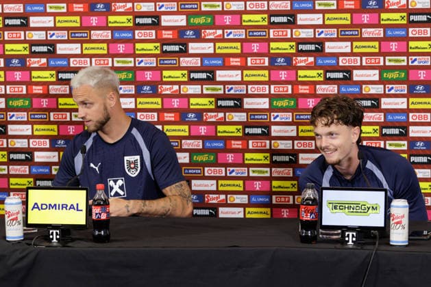 FOOTBALL - FIFA World Cup, WM, Weltmeisterschaft, Fussball 2026, preview SANTA BARBARA,CALIFORNIA,USA,19.JUN.26 - FOOTBALL - FIFA World Cup 2026, USA, Mexico, Canada, preview, Oesterreichischer Fussball-Bund, press conference, PK, Pressekonferenz team AUT. Image shows Marko Arnautovic and Paul Wanner (AUT).  GEPAxpictures xArminxRauthner