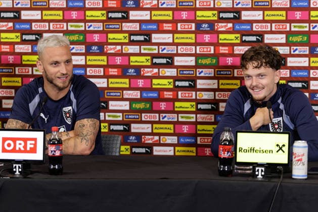 FOOTBALL - FIFA World Cup, WM, Weltmeisterschaft, Fussball 2026, preview SANTA BARBARA,CALIFORNIA,USA,19.JUN.26 - FOOTBALL - FIFA World Cup 2026, USA, Mexico, Canada, preview, Oesterreichischer Fussball-Bund, press conference, PK, Pressekonferenz team AUT. Image shows Marko Arnautovic and Paul Wanner (AUT).  GEPAxpictures xArminxRauthner