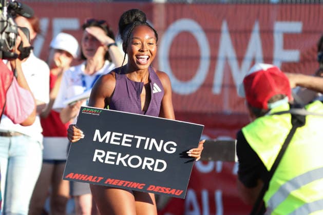 Leichtathletik: ANHALT-Meeting in Dessau-Roßlau, 19.06.2026 Rayniah Jones (239, USA) mit Meetingrekord über 100 Meter Hürden. 28. Internationales Leichtathletik-Meeting ANHALT 2026 im Paul-Greifzu-Stadion Dessau-Roßlau, 19.06.2026