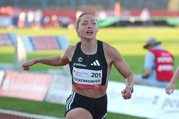Leichtathletik: ANHALT-Meeting in Dessau-Roßlau, 19.06.2026 Gina Lückenkemper (201, SCC Berlin), 100 Meter. 28. Internationales Leichtathletik-Meeting ANHALT 2026 im Paul-Greifzu-Stadion Dessau-Roßlau, 19.06.2026
