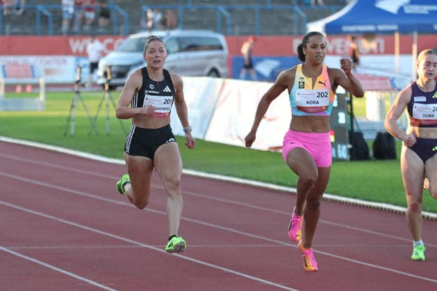 Leichtathletik: ANHALT-Meeting in Dessau-Roßlau, 19.06.2026 Gina Lückenkemper (201, SCC Berlin) gegen SalomÃ Kora (202, Schweiz), 100 Meter. 28. Internationales Leichtathletik-Meeting ANHALT 2026 im Paul-Greifzu-Stadion Dessau-Roßlau, 19.06.2026