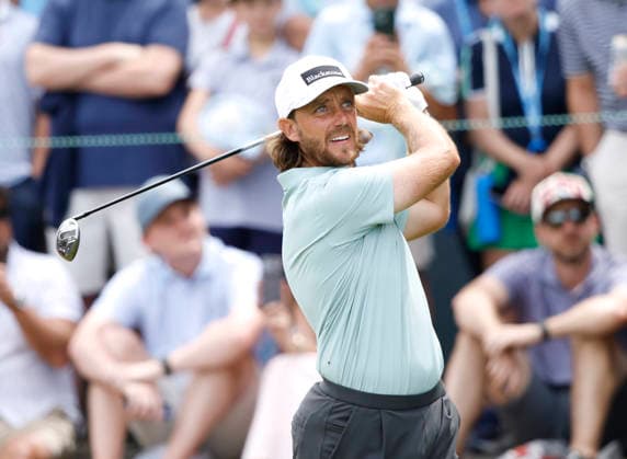 Tommy Fleetwood of England hits a tee shot on the 2nd hole in the second round of the 126th U.S. Open Golf Championship at Shinnecock Hills Golf Club in Southampton, NY on Friday, June 19, 2026.  NYC202606191002 JOHNxANGELILLO