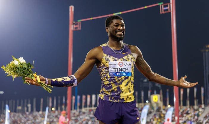 Diamond League Athletics in Doha DOHA, QATAR - JUNE 19: American athlete Cordell Tinch celebrates after finishing first in the men s 110-meter hurdles final during the Diamond League athletics meeting at the Suheim Bin Hamad Stadium in Doha, Qatar on June 19, 2026. Mohammed Dabbous Anadolu Doha Qatar. Editorial use only. Please get in touch for any other usage.  Copyright: x2026xAnadoluxMohammedxDabbousx