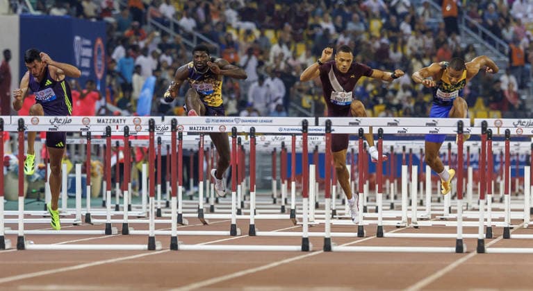 Diamond League Athletics in Doha DOHA, QATAR - JUNE 19: Athletes compete in the men s 110-meter hurdles final during the Diamond League athletics meeting at the Suheim Bin Hamad Stadium in Doha, Qatar on June 19, 2026. Mohammed Dabbous Anadolu Doha Qatar. Editorial use only. Please get in touch for any other usage.  Copyright: x2026xAnadoluxMohammedxDabbousx