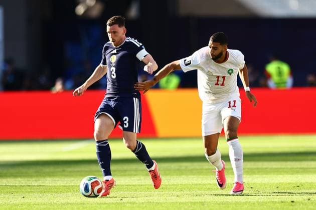 Andy Robertson of Scotland and Ismael Saibari of Morocco Scotland v Morocco, 2026 FIFA World Cup, WM, Weltmeisterschaft, Fussball Group C, Football, Boston Stadium, Foxborough, Massachusetts, USA - 19 Jun 2026Foxborough Boston Stadium Massachusetts (MA) United States of America EDITORIAL USE ONLY No use with unauthorised audio, video, data, fixture lists, club league logos or live services. Online in-match use limited to 120 images, no video emulation. No use in betting, games or single club league player publications.  Copyright: xMichaelxZemanek Shutterstockx 16928953ax