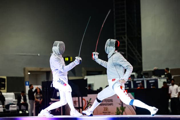 June 19, 2026, New Delhi, Delhi, India: Tsumori Shido (Japan) vs. Luo Shaotong (China) during Semi-Finals of Asian Senior Fencing Championships 2026 (Men s Sabre) at Bharat Mandapam Convention Centre, New Delhi, India on 19th June 2026. New Delhi India - ZUMAd207 20260619_zsp_d207_279 Copyright: xAvijitxDasx