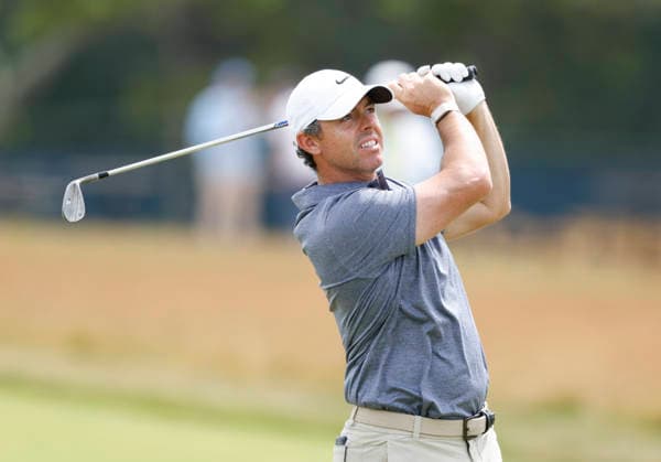 Rory McIlroy of Northern Ireland hits an iron to the 3rd hole in the second round of the 126th U.S. Open Golf Championship at Shinnecock Hills Golf Club in Southampton, NY on Friday, June 19, 2026.  NYC202606191007 JOHNxANGELILLO