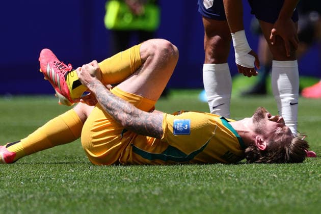 Connor Metcalfe of Australia reacts to an injury during the FIFA World Cup, WM, Weltmeisterschaft, Fussball 2026 match between USA and Australia at Lumen Field, Seattle, USA on 19 June 2026. Copyright: xPeterxDovganx 45090076
