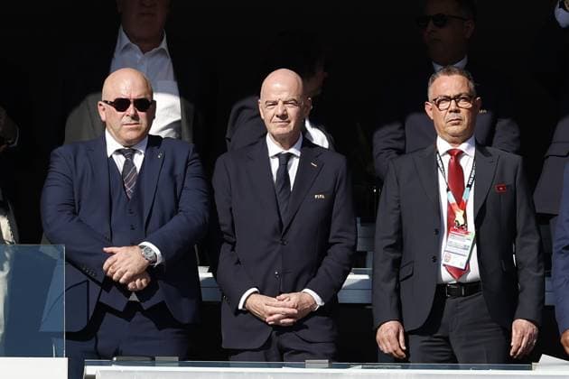 FOXBOROUGH - (LR) Scotland Football Association President Mike Mulraney, FIFA President Gianni Infantino, Morocco Football Association President Fouzi Lekjaa during the FIFA 2026 World Cup Group C match between Scotland and Morocco at Boston Stadium on June 20, 2026 in Foxborough, United States. MAURICE VAN STEEN ANP FIFA World Cup, WM, Weltmeisterschaft, Fussball 2026 2026 xVIxANPxSportx xMauricexvanxSteenxIVx 561462686 originalFilename: 561462686.jpg