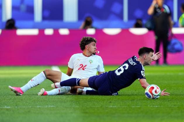 Neil El Aynaoui of Morocco fouls Kieran Tierney of Scotland Scotland v Morocco, 2026 FIFA World Cup, WM, Weltmeisterschaft, Fussball Group C, Football, Boston Stadium, Foxborough, Massachusetts, USA - 19 Jun 2026Foxborough Boston Stadium Massachusetts (MA) United States of America EDITORIAL USE ONLY No use with unauthorised audio, video, data, fixture lists, club league logos or live services. Online in-match use limited to 120 images, no video emulation. No use in betting, games or single club league player publications.  Copyright: xJavierxGarcia Shutterstockx 16928932ca