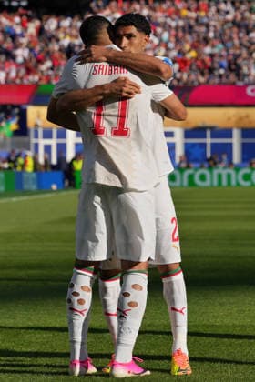 SOCCER - FIFA World Cup, WM, Weltmeisterschaft, Fussball - Group C - Scotland vs. Morocco Photo by IPA ABACAPRESS.COM85866087 - Ismael Saibari of Morocco celebrates after scoring a goal alongside Achraf Hakimi of Morocco during the Group C match between Scotland and Morocco at the FIFA World Cup in Boston, USA, on June 19, 2026 Boston  Copyright: xIPAxSport ABACAx