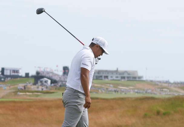 Kurt Kitayama reacts after hitting a tee shot on the 16th hole in the second round of the 126th U.S. Open Golf Championship at Shinnecock Hills Golf Club in Southampton, NY on Friday, June 19, 2026.  NYC202606191015 JOHNxANGELILLO