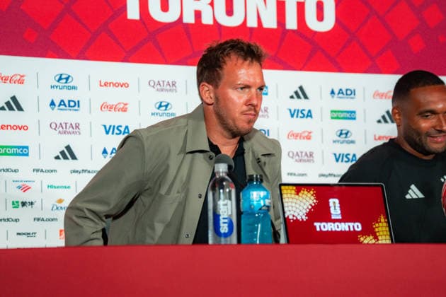 FIFA Fussball Weltmeisterschaft 2026, Gruppe E, Spiel 2, Deutschland vs Elfenbeinküste, 19.06.2026 im Toronto Stadium, Toronto Jonathan Tah (Deutschland) und Julian Nagelsmann (Deutschland) bei der Pressekonferenz vor dem Spiel Deutschland vs. Elfenbeinküste *** 2026 FIFA World Cup, Group E, Match 2, Germany vs. Ivory Coast, June 19, 2026, at Toronto Stadium, Toronto. Jonathan Tah (Germany) and Julian Nagelsmann (Germany) at the press conference ahead of the Germany vs. Ivory Coast match.,detected_source_language Copyright: xBahhoxKarax