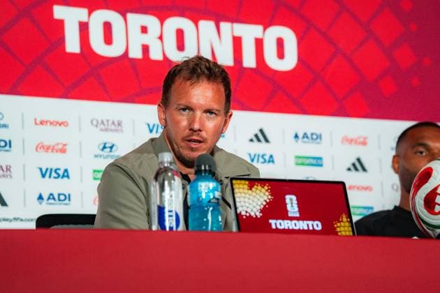 FIFA Fussball Weltmeisterschaft 2026, Gruppe E, Spiel 2, Deutschland vs Elfenbeinküste, 19.06.2026 im Toronto Stadium, Toronto Jonathan Tah (Deutschland) und Julian Nagelsmann (Deutschland) bei der Pressekonferenz vor dem Spiel Deutschland vs. Elfenbeinküste *** 2026 FIFA World Cup, Group E, Match 2, Germany vs. Ivory Coast, June 19, 2026, at Toronto Stadium, Toronto. Jonathan Tah (Germany) and Julian Nagelsmann (Germany) at the press conference ahead of the Germany vs. Ivory Coast match.,detected_source_language Copyright: xBahhoxKarax