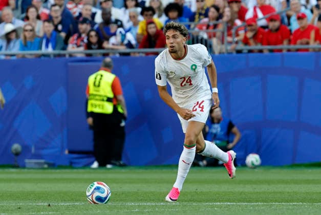 FOXBOROUGH, MA - JUNE 19: Neil El Aynaoui 24 of Morocco looks wide during a FIFA World Cup, WM, Weltmeisterschaft, Fussball 2026 Group C match between Scotland and Morocco on June 19, 2026 at Boston Stadium in Foxborough, Massachusetts. (Photo by Fred Kfoury III Icon Sportswire) SOCCER: JUN 19 FIFA World Cup 26 Group C - Scotland vs Morocco EDITORIAL USE ONLY Icon482260619008
