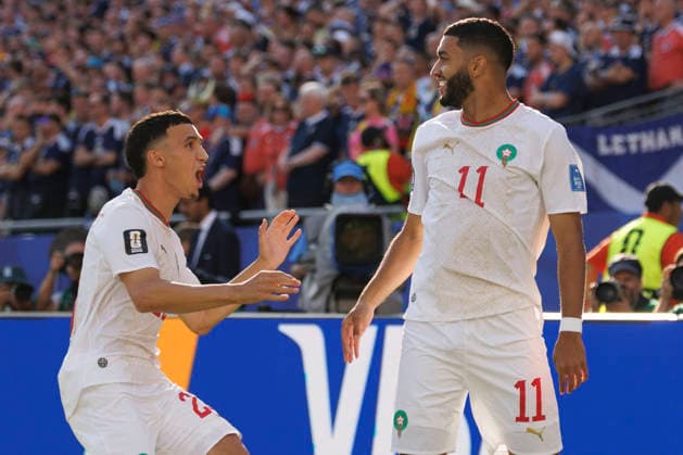Morocco midfielder Ismael Saibari celebrates his goal against Scotland with Morocco midfielder Bilal El Khannouss left, during the first half of their FIFA World Cup, WM, Weltmeisterschaft, Fussball match at Gillette Stadium in Foxborough, Massachusetts, on Friday, June 19, 2026.  BOP20260619020 CJxGUNTHER