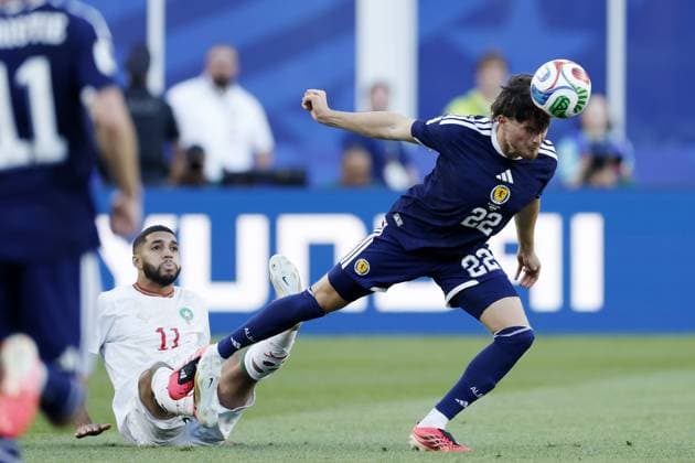 FOXBOROUGH - (LR) Ismael Saibari of Morocco, Nathan Patterson of Scotland during the FIFA 2026 World Cup Group C match between Scotland and Morocco at Boston Stadium on June 20, 2026 in Foxborough, United States. MAURICE VAN STEEN ANP FIFA World Cup, WM, Weltmeisterschaft, Fussball 2026 2026 xVIxANPxSportx xMauricexvanxSteenxIVx 561467019 originalFilename: 561467019.jpg