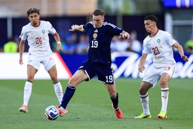Football - FIFA World Cup, WM, Weltmeisterschaft, Fussball - Group C - Scotland v Morocco 19th June 2026 - FIFA World Cup - Group C - Scotland v Morocco - Lewis Ferguson of Scotland is put under pressure by Bilal El Khannouss of Morocco - Photo: Simon Stacpoole Offside. Foxborough USA
