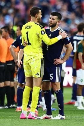 Angus Gunn and Grant Hanley of Scotland dejected at full time Scotland v Morocco, 2026 FIFA World Cup, WM, Weltmeisterschaft, Fussball Group C, Football, Boston Stadium, Foxborough, Massachusetts, USA - 19 Jun 2026Foxborough Boston Stadium Massachusetts (MA) United States of America EDITORIAL USE ONLY No use with unauthorised audio, video, data, fixture lists, club league logos or live services. Online in-match use limited to 120 images, no video emulation. No use in betting, games or single club league player publications.  Copyright: xMichaelxZemanek Shutterstockx 16928953df