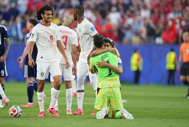 Yassine Bounou (Morocco) and Achraf Hakimi (Morocco) with post game celebration during Scotland and Morocco, Group C FIFA World Cup, WM, Weltmeisterschaft, Fussball 2026, Boston Stadium, Boston, USA on June 19, 2026. Thor Wegner DeFodi Images. (Photo by DeFodi Images) -