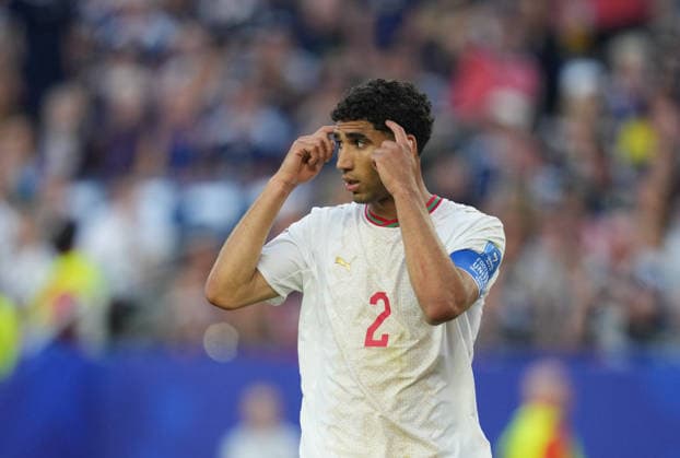 Achraf Hakimi (Morocco) gestures during Scotland and Morocco, Group C FIFA World Cup, WM, Weltmeisterschaft, Fussball 2026, Boston Stadium, Boston, USA on June 19, 2026. Thor Wegner DeFodi Images. (Photo by DeFodi Images) - *** Achraf Hakimi of Morocco gestures during the match between Scotland and Morocco in Group C of the 2026 FIFA World Cup at Boston Stadium in Boston, USA, on June 19, 2026. Photo by DeFodi Images (Thor Wegner),detected_source_language