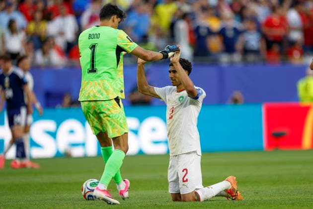 FIFA World Cup, WM, Weltmeisterschaft, Fussball 2026 - Group C - Scotland vs Morocco Morocco goalkeeper Yassine Bounou and defender Achraf Hakimi celebrate after defeating Scotland 1-0 in the FIFA World Cup 2026 group stage match between Scotland and Morocco at Boston Stadium in Foxborough, Massachusetts, USA, 19 June 2026. FOXBOROUGH United States  Copyright: xGREGxM.xCOOPERx