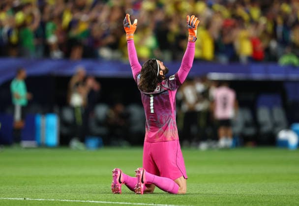 Philadelphia, USA, 19th June 2026. Alisson Becker of Brazil celebrates after Matheus Cunha (not pictured) of Brazil scores to make it 1-0 during the Brazil vs Haiti FIFA World Cup, WM, Weltmeisterschaft, Fussball match at Lincoln Financial Field, Philadelphia. Picture credit should read: Paul Terry Sportimage EDITORIAL USE ONLY. No use with unauthorised audio, video, data, fixture lists, club league logos or live services. Online in-match use limited to 120 images, no video emulation. No use in betting, games or single club league player publications. SPI_046_PT_Brazil_Haiti SPI-4846-0046