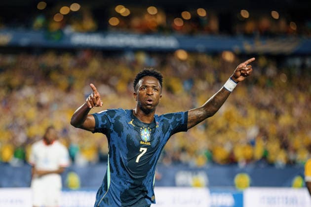 Brazil vs. Haiti FILADÃ LFIA, PN - 19.06.2026: BRAZIL VS. HAITI - Vinicius Junior of Brazil celebrates after scoring a goal during the match between Brazil and Haiti in the second round of the group stage of the 2026 World Cup, held at Lincoln Financial Field in Philadelphia, United States. (Photo: Marcelo Machado de Melo Fotoarena) x2965267x  MarceloxMachadoxdexMelo
