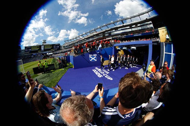 June 19, 2026; Foxborough, Massachusetts, USA; Scotland walks onto the pitch for field inspection ahead of a FIFA World Cup, WM, Weltmeisterschaft, Fussball 2026 Group C match between Scotland and Morocco at Boston Stadium. (c) CSM FIFA World Cup 2026: Scotland Vs Morocco JUN 19  - ZUMAc04_ 20260619_zma_c04_038 Copyright: xBurtxGranofskyx