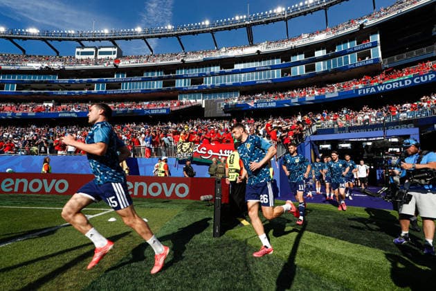 June 19, 2026; Foxborough, Massachusetts, USA; Scotland runs onto the pitch for pregame warmups ahead of a FIFA World Cup, WM, Weltmeisterschaft, Fussball 2026 Group C match between Scotland and Morocco at Boston Stadium. (c) CSM - ZUMAc04_ 20260619_zma_c04_047 Copyright: xBurtxGranofskyx