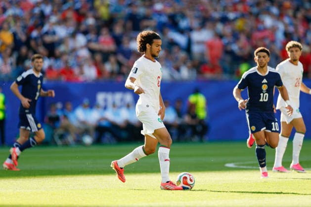 June 19, 2026; Foxborough, Massachusetts, USA; Morocco midfielder Ayyoub Bouaddi (6) moves the ball during a FIFA World Cup, WM, Weltmeisterschaft, Fussball 2026 Group C match between Scotland and Morocco at Boston Stadium. (c) CSM - ZUMAc04_ 20260619_zma_c04_049 Copyright: xBurtxGranofskyx