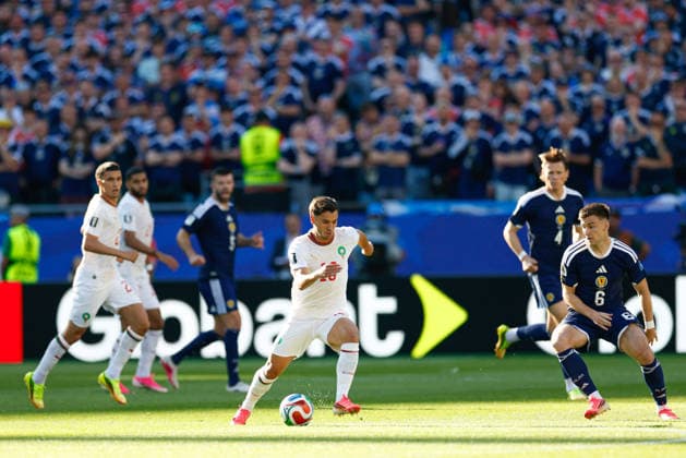 June 19, 2026; Foxborough, Massachusetts, USA; Morocco forward Brahim Diaz (10) attacks the ball during a FIFA World Cup, WM, Weltmeisterschaft, Fussball 2026 Group C match between Scotland and Morocco at Boston Stadium. (c) CSM FIFA World Cup 2026: Scotland Vs Morocco JUN 19  - ZUMAc04_ 20260619_zma_c04_056 Copyright: xBurtxGranofskyx