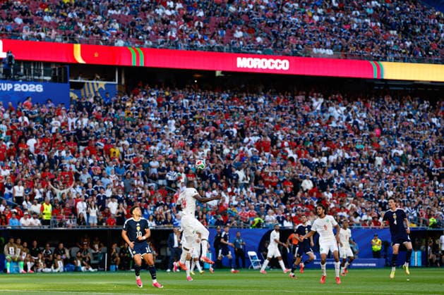 June 19, 2026; Foxborough, Massachusetts, USA; Morocco defender Issa Diop (14) rises for the header during a FIFA World Cup, WM, Weltmeisterschaft, Fussball 2026 Group C match between Scotland and Morocco at Boston Stadium. (c) CSM FIFA World Cup 2026: Scotland Vs Morocco JUN 19  - ZUMAc04_ 20260619_zma_c04_059 Copyright: xBurtxGranofskyx