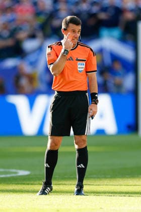 June 19, 2026; Foxborough, Massachusetts, USA; Referee Ilgiz Tantashev watches the action during a FIFA World Cup, WM, Weltmeisterschaft, Fussball 2026 Group C match between Scotland and Morocco at Boston Stadium. (c) CSM FIFA World Cup 2026: Scotland Vs Morocco JUN 19  - ZUMAc04_ 20260619_zma_c04_065 Copyright: xBurtxGranofskyx