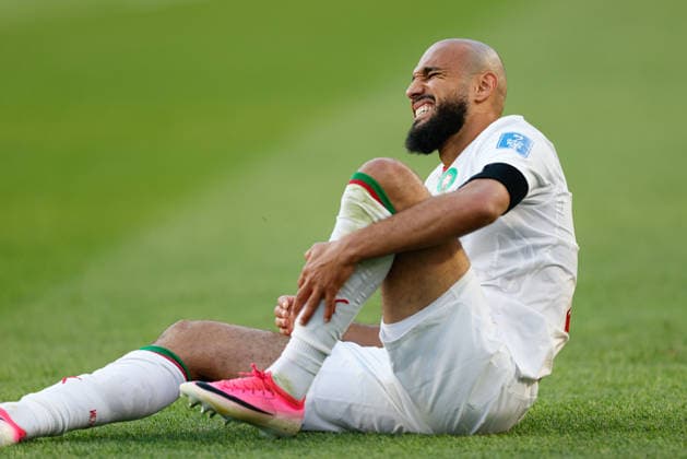 June 19, 2026; Foxborough, Massachusetts, USA; Morocco defender Noussair Mazraoui (3) reacts after a foul during a FIFA World Cup, WM, Weltmeisterschaft, Fussball 2026 Group C match between Scotland and Morocco at Boston Stadium. (c) CSM - ZUMAc04_ 20260619_zma_c04_075 Copyright: xBurtxGranofskyx