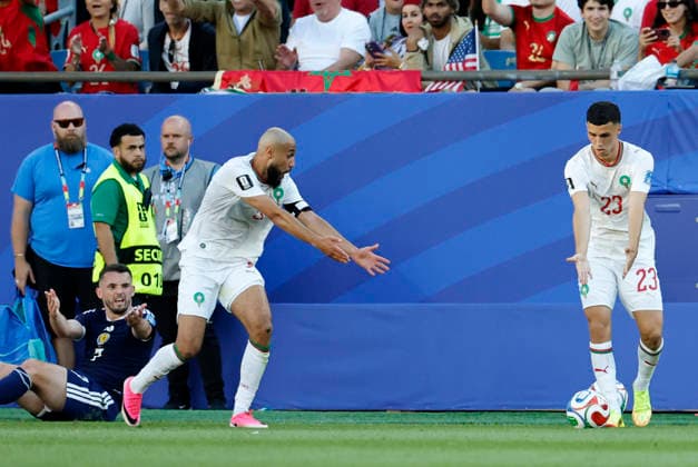 FOXBOROUGH, MA - JUNE 19: Everyone tries to make a point during a FIFA World Cup, WM, Weltmeisterschaft, Fussball 2026 Group C match between Scotland and Morocco on June 19, 2026 at Boston Stadium in Foxborough, Massachusetts. (Photo by Fred Kfoury III Icon Sportswire) SOCCER: JUN 19 FIFA World Cup 26 Group C - Scotland vs Morocco EDITORIAL USE ONLY Icon482260619023