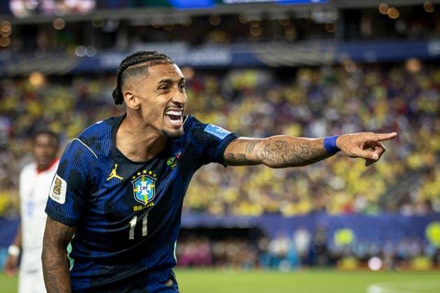 FOOTBALL : Bresil vs Haiti - Coupe du monde FIFA 2026. Lincoln Financial Field Philadelphie 19 06 2026 Raphinha Belloli 11 (Brazil) gestures during the FIFA World Cup, WM, Weltmeisterschaft, Fussball 2026 Group C  Copyright: xelyxandroxcegarrax
